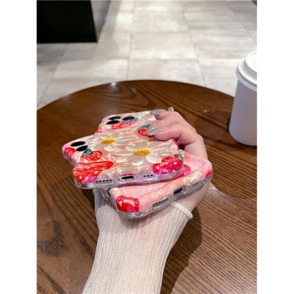 iPhone 14 Pro Max Retro Oil Painting Flower Glossy Cherry Floral Wave Phone Case - Picture 4 of 5